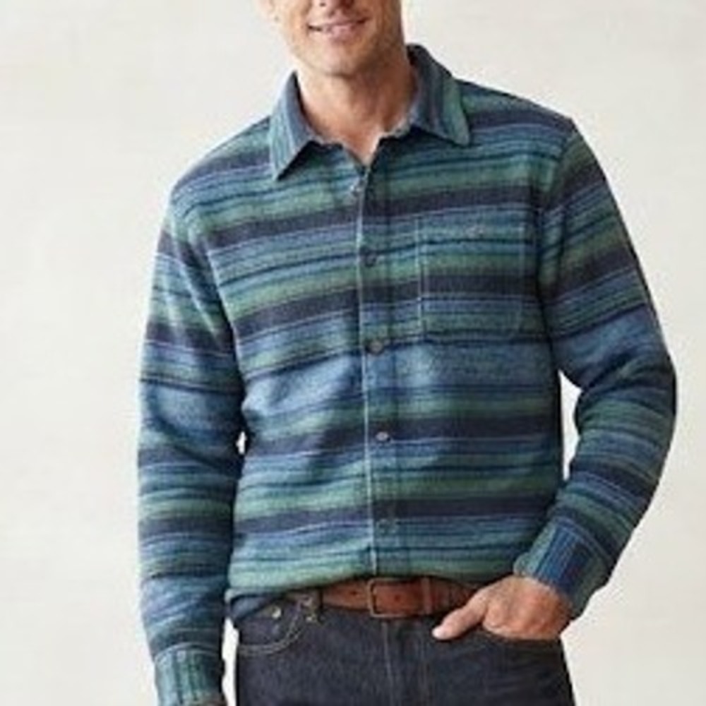 Eddie Bauer Fleece Shirt Mens L Deep Indigo Striped Button Up Layering Rugged